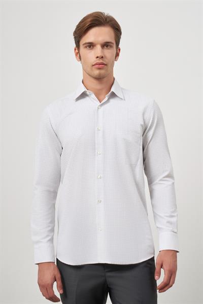 Beyaz Uzun Kol Kareli Desen Bez Ayağı Sert Yaka Cepli Pamuklu Classic Comfort Fit Gömlek 1004245163