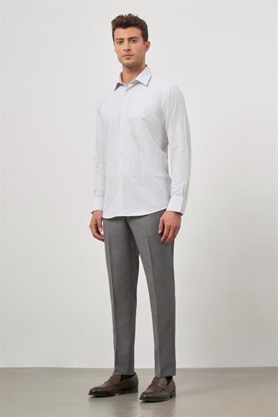 Beyaz Uzun Kol Kareli Desen Bez Ayağı Sert Yaka Cepli Pamuklu Classic Comfort Fit Gömlek 1004245159
