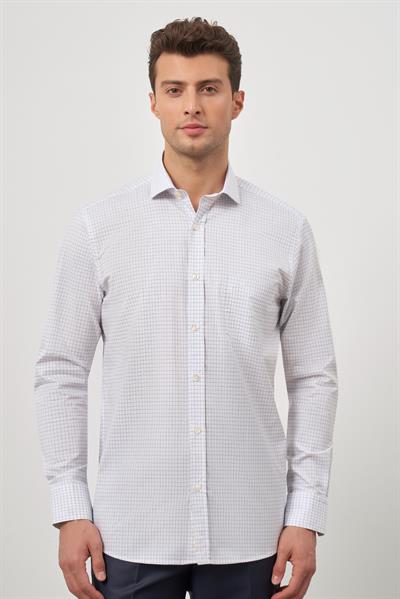 Beyaz Uzun Kol Kareli Desen Yarım İtalyan Yaka Cepli Classic Comfort Fit Gömlek 1004245194