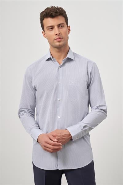 Beyaz Uzun Kol Kareli Desen Yarım İtalyan Yaka Cepli Pamuklu Classic Comfort Fit Gömlek 1004245176