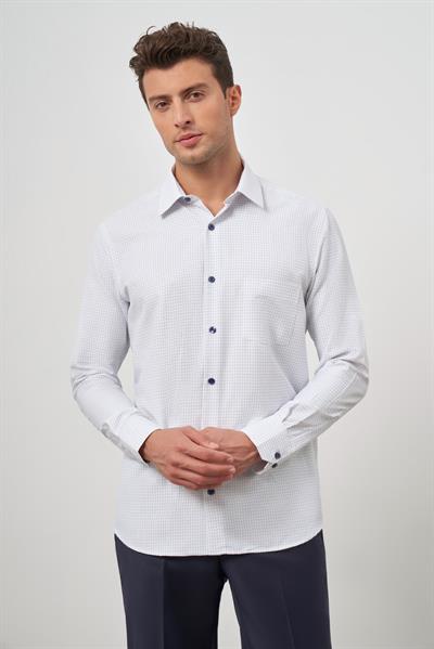 Beyaz Uzun Kol Kareli Desen Bez Ayağı Sert Yaka Cepli Pamuklu Classic Comfort Fit Gömlek 1004245158