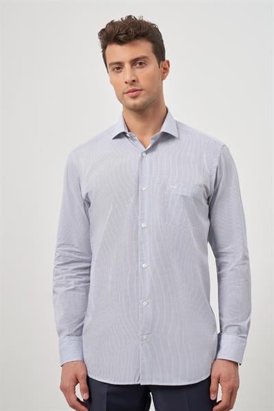 Beyaz Uzun Kol Kareli Desen Yarım İtalyan Yaka Cepli Pamuklu Classic Comfort Fit Gömlek 1004245176