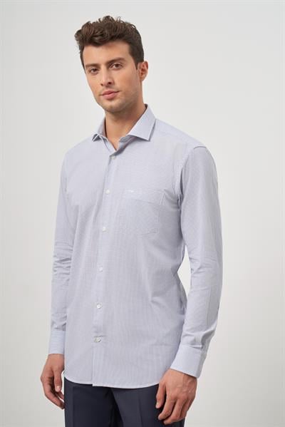 Beyaz Uzun Kol Kareli Desen Yarım İtalyan Yaka Cepli Pamuklu Classic Comfort Fit Gömlek 1004245176