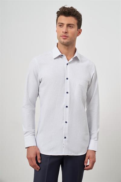 Beyaz Uzun Kol Kareli Desen Bez Ayağı Sert Yaka Cepli Pamuklu Classic Comfort Fit Gömlek 1004245158