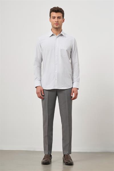 Beyaz Uzun Kol Kareli Desen Bez Ayağı Sert Yaka Cepli Pamuklu Classic Comfort Fit Gömlek 1004245159