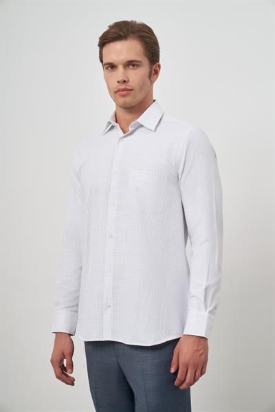 Beyaz Uzun Kol Kareli Desen Bez Ayağı Sert Yaka Cepli Pamuklu Classic Comfort Fit Gömlek 1004245163