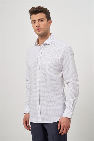 Beyaz Uzun Kol Kareli Desen Yarım İtalyan Yaka Cepli Classic Comfort Fit Gömlek 1004245194
