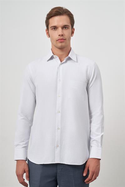 Beyaz Uzun Kol Kareli Desen Bez Ayağı Sert Yaka Cepli Pamuklu Classic Comfort Fit Gömlek 1004245163