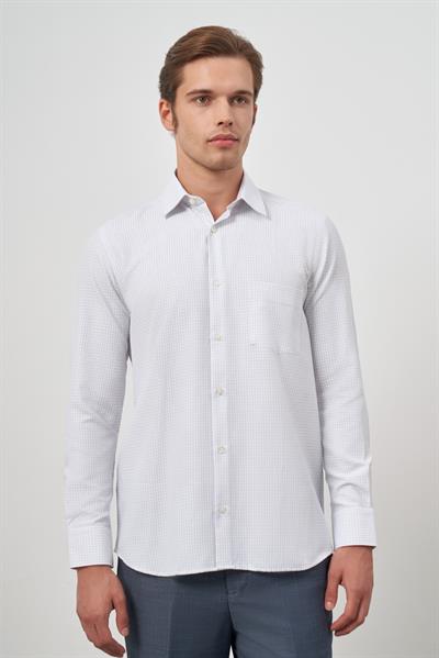 Beyaz Uzun Kol Kareli Desen Bez Ayağı Sert Yaka Cepli Pamuklu Classic Comfort Fit Gömlek 1004245163