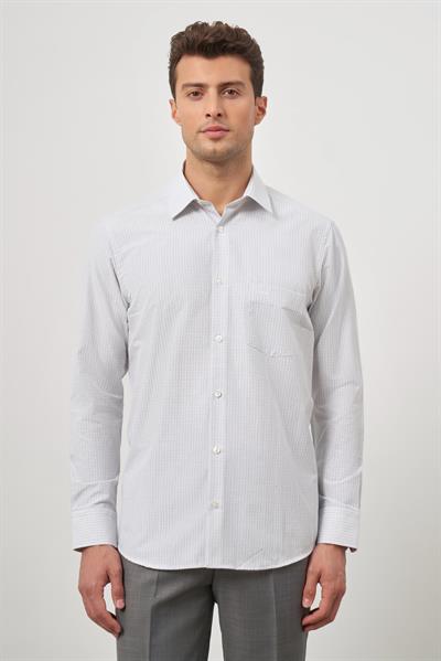 Beyaz Uzun Kol Kareli Desen Bez Ayağı Sert Yaka Cepli Pamuklu Classic Comfort Fit Gömlek 1004245159