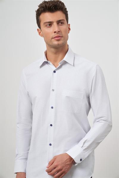 Beyaz Uzun Kol Kareli Desen Bez Ayağı Sert Yaka Cepli Pamuklu Classic Comfort Fit Gömlek 1004245158