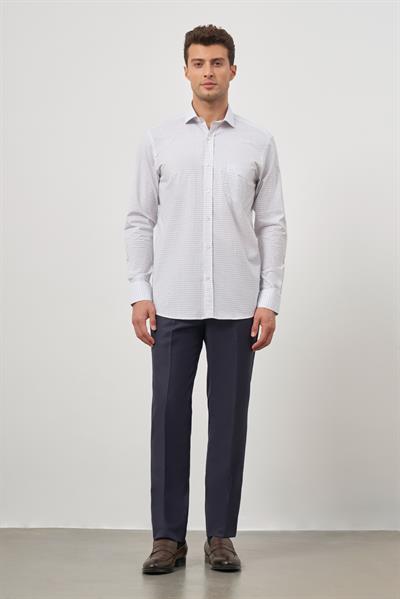 Beyaz Uzun Kol Kareli Desen Yarım İtalyan Yaka Cepli Classic Comfort Fit Gömlek 1004245194