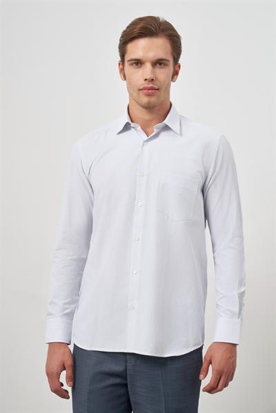 Beyaz Uzun Kol Kareli Desen Bez Ayağı Sert Yaka Cepli Pamuklu Classic Comfort Fit Gömlek 1004245159