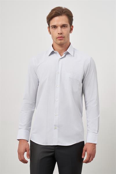 Beyaz Uzun Kol Kareli Desen Bez Ayağı Sert Yaka Cepli Pamuklu Classic Comfort Fit Gömlek 1004245159