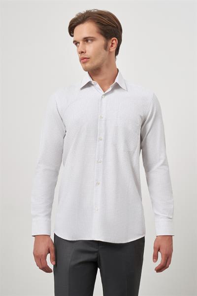 Beyaz Uzun Kol Kareli Desen Bez Ayağı Sert Yaka Cepli Pamuklu Classic Comfort Fit Gömlek 1004245163