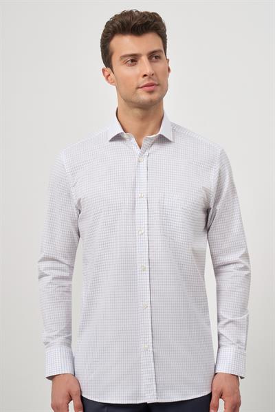 Beyaz Uzun Kol Kareli Desen Yarım İtalyan Yaka Cepli Classic Comfort Fit Gömlek 1004245194