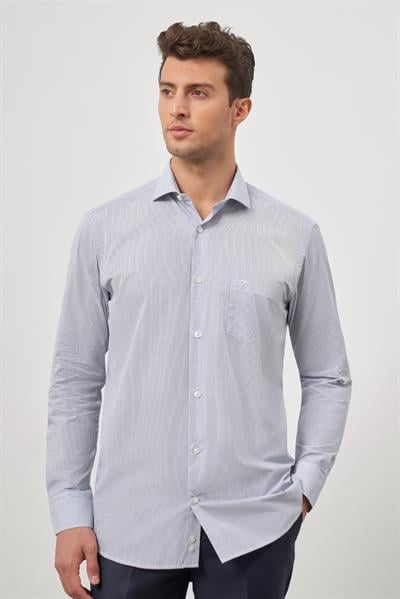 Beyaz Uzun Kol Kareli Desen Yarım İtalyan Yaka Cepli Pamuklu Classic Comfort Fit Gömlek 1004245176