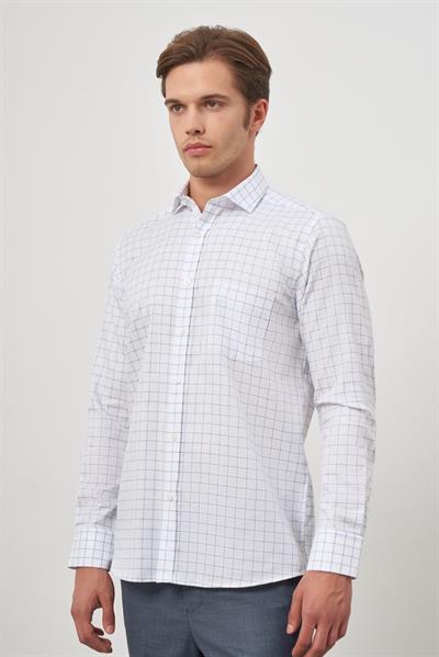 Beyaz Uzun Kol Kareli Desen Yarım İtalyan Cepli Classic Comfort Fit Gömlek 1004245196