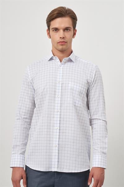 Beyaz Uzun Kol Kareli Desen Yarım İtalyan Cepli Classic Comfort Fit Gömlek 1004245196