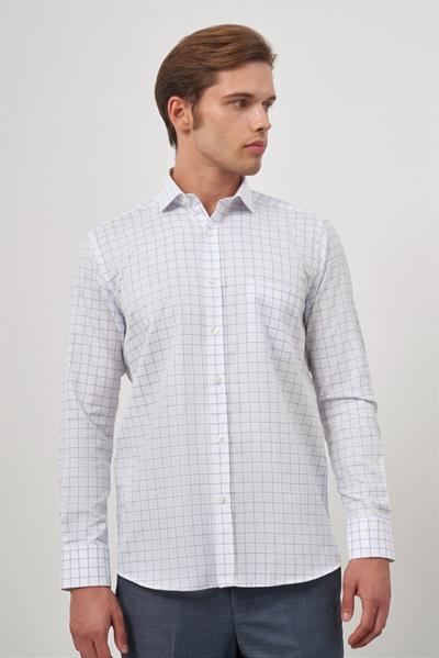 Beyaz Uzun Kol Kareli Desen Yarım İtalyan Cepli Classic Comfort Fit Gömlek 1004245196