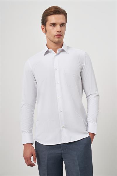 Beyaz Uzun Kol Kendinden Armürlü Cepli Pamuklu Classic Comfort Fit Gömlek 1004245155