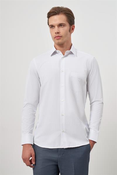 Beyaz Uzun Kol Kendinden Armürlü Cepli Pamuklu Classic Comfort Fit Gömlek 1004245155