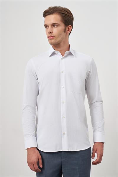 Beyaz Uzun Kol Kendinden Armürlü Cepli Pamuklu Classic Comfort Fit Gömlek 1004245155