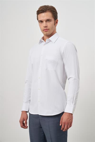 Beyaz Uzun Kol Kendinden Armürlü Cepli Pamuklu Classic Comfort Fit Gömlek 1004245155