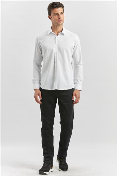 Beyaz Uzun Kol Kendinden Desenli Armürlü 032 Sert Yaka Classic Slim Fit Gömlek 1004245153
