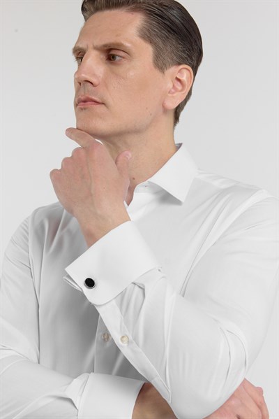 Beyaz Uzun Kol Sert Yaka Düz Pamuklu Slim Fit Gömlek 1004260059