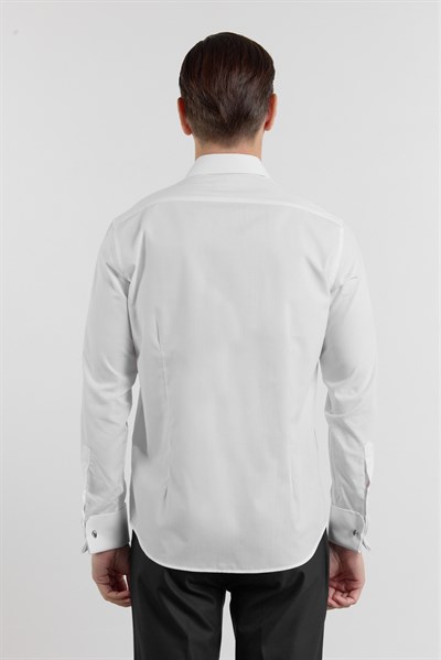 Beyaz Uzun Kol Sert Yaka Düz Pamuklu Slim Fit Gömlek 1004260059