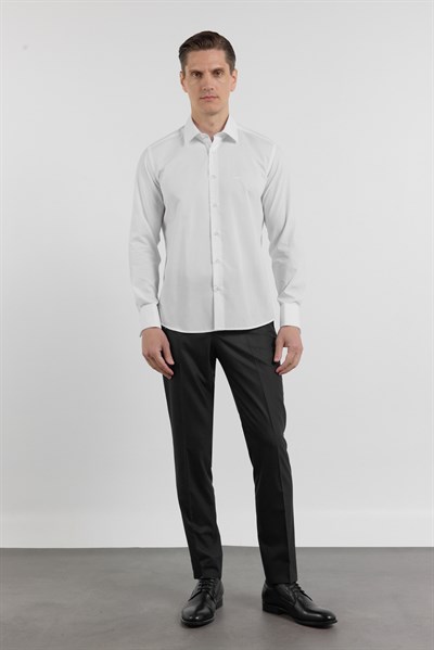 Beyaz Uzun Kol Sert Yaka Düz Pamuklu Slim Fit Gömlek 1004260059