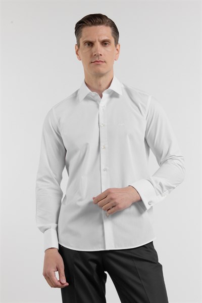Beyaz Uzun Kol Sert Yaka Düz Pamuklu Slim Fit Gömlek 1004260059