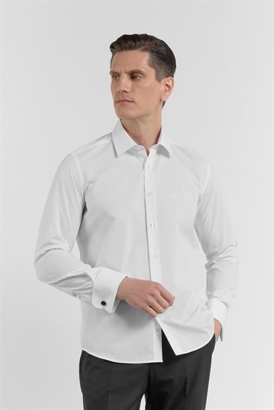 Beyaz Uzun Kol Sert Yaka Düz Pamuklu Slim Fit Gömlek 1004260059