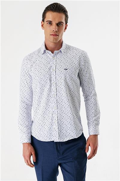 Uzun Kollu Baskılı Bez Ayağı Düğmeli Yaka Cepsiz Pamuklu Slim Fit Gömlek 1004235170