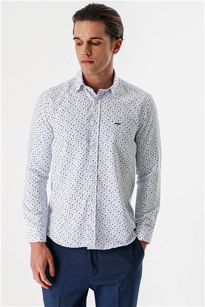Uzun Kollu Baskılı Bez Ayağı Düğmeli Yaka Cepsiz Pamuklu Slim Fit Gömlek 1004235170