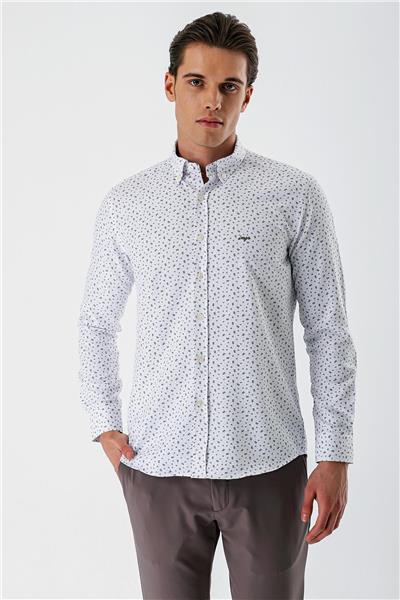 Beyaz Uzun Kollu Baskılı Bez Ayağı Düğmeli Yaka Cepsiz Pamuklu Slim Fit Gömlek 1004235170