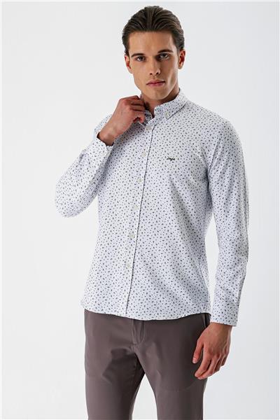 Beyaz Uzun Kollu Baskılı Bez Ayağı Düğmeli Yaka Cepsiz Pamuklu Slim Fit Gömlek 1004235170