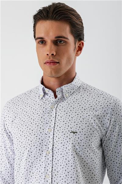 Beyaz Uzun Kollu Baskılı Bez Ayağı Düğmeli Yaka Cepsiz Pamuklu Slim Fit Gömlek 1004235170