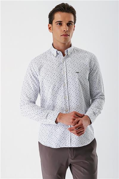 Beyaz Uzun Kollu Baskılı Bez Ayağı Düğmeli Yaka Cepsiz Pamuklu Slim Fit Gömlek 1004235170
