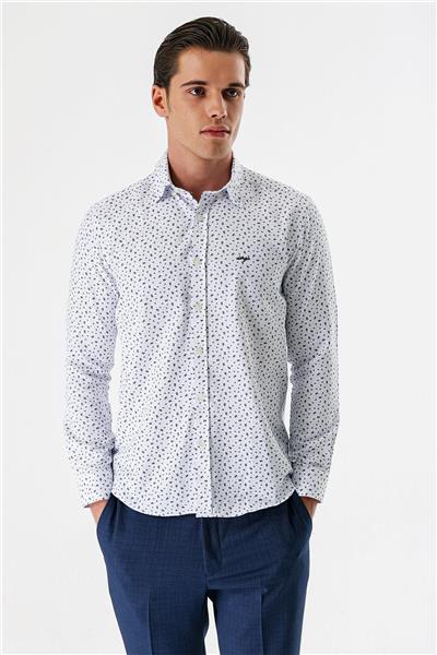 Uzun Kollu Baskılı Bez Ayağı Düğmeli Yaka Cepsiz Pamuklu Slim Fit Gömlek 1004235170