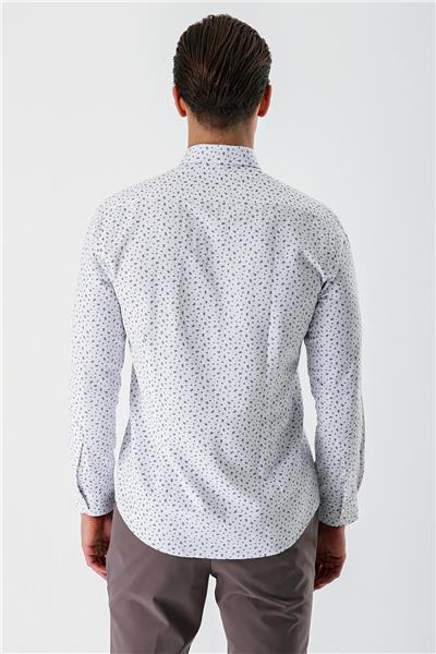 Beyaz Uzun Kollu Baskılı Bez Ayağı Düğmeli Yaka Cepsiz Pamuklu Slim Fit Gömlek 1004235170