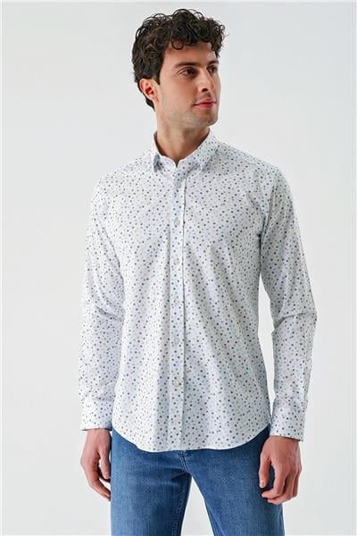 Beyaz Uzun Kollu Baskılı Biritli Yaka Cepsiz Pamuklu Klasik Slim Fit Dar Kesim Gömlek 1004240216