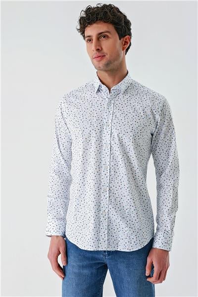 Beyaz Uzun Kollu Baskılı Biritli Yaka Cepsiz Pamuklu Klasik Slim Fit Dar Kesim Gömlek 1004240216