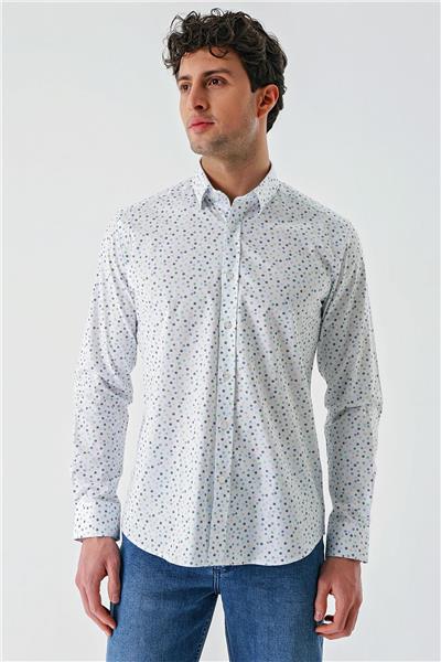 Beyaz Uzun Kollu Baskılı Biritli Yaka Cepsiz Pamuklu Klasik Slim Fit Dar Kesim Gömlek 1004240216