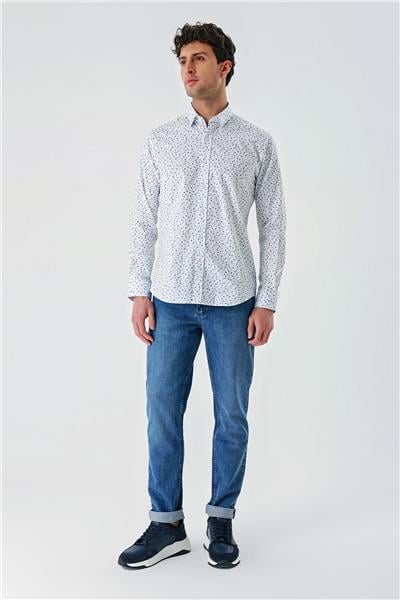 Beyaz Uzun Kollu Baskılı Biritli Yaka Cepsiz Pamuklu Klasik Slim Fit Dar Kesim Gömlek 1004240216
