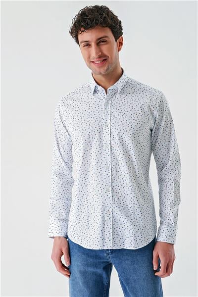Beyaz Uzun Kollu Baskılı Biritli Yaka Cepsiz Pamuklu Klasik Slim Fit Dar Kesim Gömlek 1004240216
