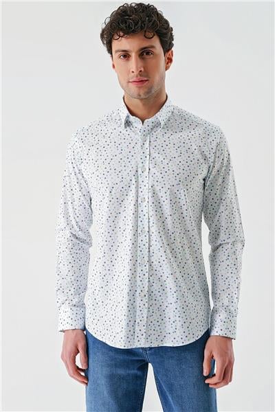 Beyaz Uzun Kollu Baskılı Biritli Yaka Cepsiz Pamuklu Klasik Slim Fit Dar Kesim Gömlek 1004240216