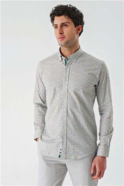 Beyaz Uzun Kollu Baskılı  Düğmeli Yaka Cepsiz Biyeli Pamuklu Likralı  Slim Fit Gömlek 1004240141