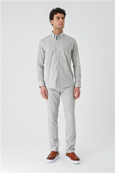 Beyaz Uzun Kollu Baskılı  Düğmeli Yaka Cepsiz Biyeli Pamuklu Likralı  Slim Fit Gömlek 1004240141